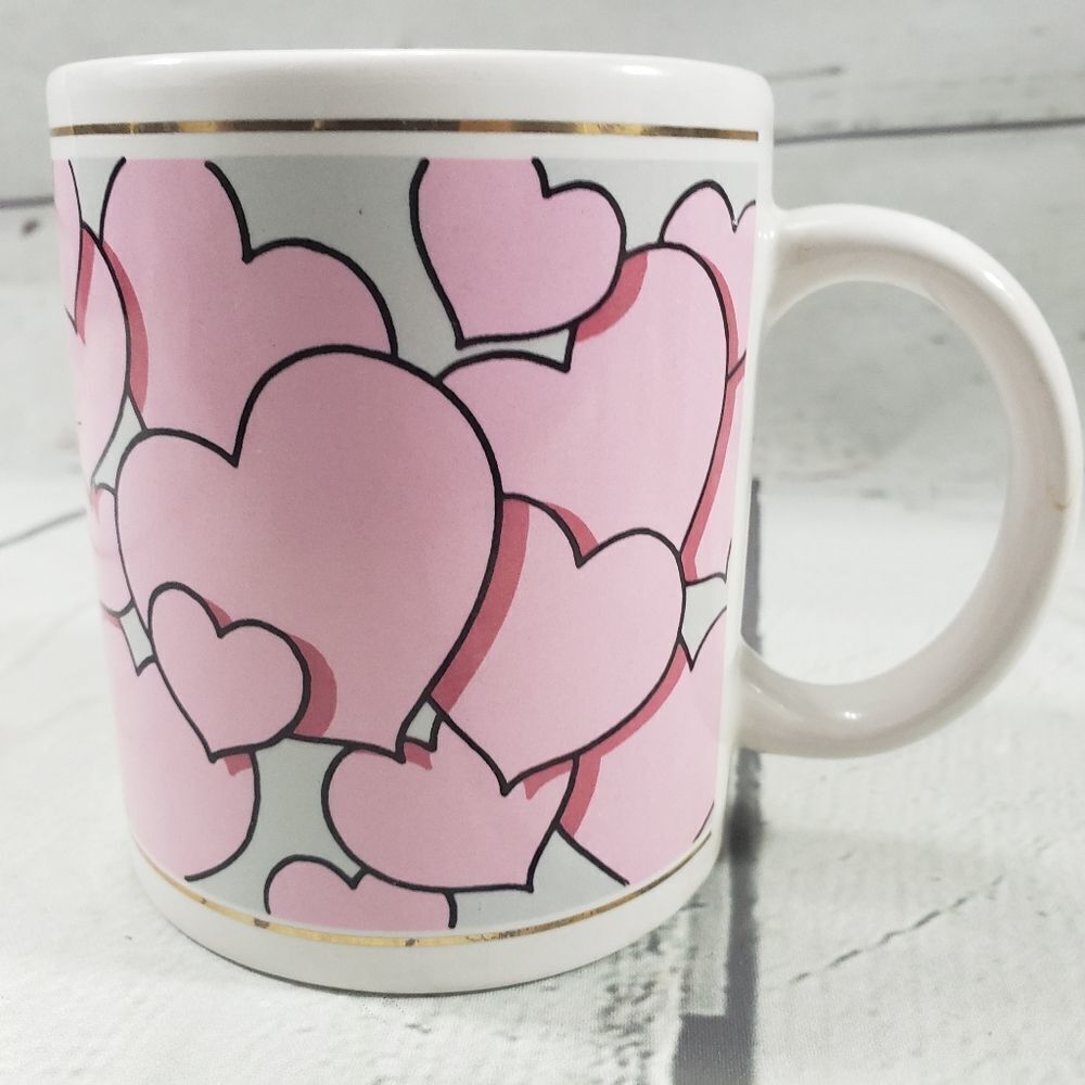 Vintage Coffee Mug Pink Hearts 1993 J.I.I. VTG